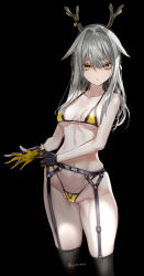 Rule 34 | 1girl, absurdres, antlers, arknights, bare arms, bare shoulders, bikini, black background, black thighhighs, breasts, closed mouth, collarbone, cowboy shot, expressionless, firewatch (arknights), firewatch (wilted cypress) (arknights), garter belt, garter straps, gloves, green eyes, groin, hair flaps, hair intakes, highleg, highleg bikini, highres, horns, long hair, looking at viewer, mole, mole under eye, navel, official alternate costume, partially fingerless gloves, pottsness, reindeer antlers, reindeer girl, silver hair, simple background, skindentation, small breasts, solo, standing, stomach, string bikini, swimsuit, thighhighs, thighs, yellow bikini