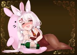 Rule 34 | 1girl, ahoge, animal ear fluff, animal ears, bare shoulders, black leotard, black necktie, black pantyhose, blush, bottle, breasts, cleavage, commentary request, cup, detached collar, drinking glass, drunk, fake animal ears, fang, full body, hair ornament, hairclip, highleg, highleg leotard, highres, leotard, long hair, low twintails, lying, necktie, on side, open mouth, pantyhose, pink eyes, pink hair, playboy bunny, rabbit ears, rabbit girl, shinobe6vr, small breasts, smile, solo, strapless, strapless leotard, stuffed toy, thick thighs, thighs, tomari mari, tomari mari channel, twintails, virtual youtuber, wine bottle, wrist cuffs