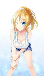 Rule 34 | 10s, 1girl, ayase eli, bent over, blonde hair, blue shorts, blush, breasts, cleavage, collarbone, downblouse, hati (19870119hy), long hair, love live!, love live! school idol project, medium breasts, no bra, shirt, shorts, smile, solo, sweat, wet shirt, white shirt, wink