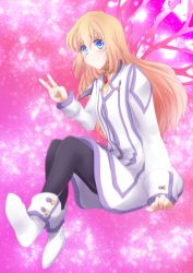 Rule 34 | 00s, 1girl, blonde hair, blue eyes, blush, breasts, colette brunel, dress, jewelry, long hair, pantyhose, pink background, shoes, smile, tales of (series), tales of symphonia, v, wings