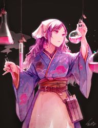 Rule 34 | 1girl, akagi shun, apron, belt, black background, blue kimono, commentary request, earrings, flask, graphite (medium), headdress, holding, japanese clothes, jewelry, kimono, long hair, long sleeves, looking away, original, parted lips, pink eyes, pouch, purple hair, round-bottom flask, signature, smoke, solo, standing, traditional media, upper body, vial, waist apron, wide sleeves