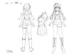 Rule 34 | 00s, 1girl, absurdres, ass, breasts, character sheet, dress, full body, hara shouji, highres, long hair, looking at viewer, medium breasts, monochrome, multiple views, official art, pencil skirt, ryuusei sentai musumet, saotome shion, scan, short dress, simple background, skirt, smile, solo, standing, translation request, very long hair