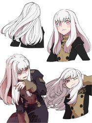 Rule 34 | 1girl, blush stickers, commentary request, fire emblem, fire emblem: three houses, food, food on face, from behind, frown, highres, long hair, looking at viewer, lysithea von ordelia, multiple views, nintendo, one eye closed, pink eyes, shaded face, shishima eichi, simple background, sweatdrop, upper body, white background, white hair