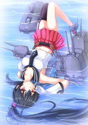 Rule 34 | 10s, 1girl, afloat, anchor symbol, arm up, armpits, bare shoulders, belt, black hair, blush, breasts, crop top, crop top overhang, elbow gloves, frown, garter straps, gloves, hand on own chest, highres, kantai collection, kazenokaze, large breasts, long hair, looking at viewer, lying, machinery, midriff, miniskirt, navel, on back, ponytail, red eyes, sailor collar, school uniform, serafuku, shirt, single thighhigh, skirt, sleeveless, sleeveless shirt, thigh strap, thighhighs, turret, upside-down, water, white shirt, yahagi (kancolle)