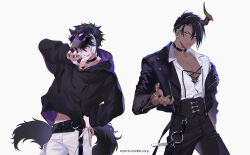 Rule 34 | 2boys, animal ear piercing, animal ears, aragami oga, barbell piercing, belt, black belt, black collar, black corset, black hair, black hoodie, black jacket, black nails, black pants, claw pose, collar, copyright notice, corset, cowboy shot, cropped jacket, cross-laced clothes, curtained hair, dark-skinned male, dark skin, earrings, expressionless, eyewear on head, fangs, fingernails, gimmexgimme (vocaloid), green eyes, green hair, green nails, grin, hair between eyes, hand on own hip, hand up, high-waist pants, highres, holostars, hood, hood down, hoodie, horns, jackal boy, jackal ears, jackal tail, jacket, jewelry, kageyama shien, lapels, leash, looking at viewer, mafia (holostars), male focus, midriff peek, moneko, multicolored hair, multicolored nails, multiple boys, multiple rings, nail polish, notched lapels, o-ring collar, off shoulder, official art, open clothes, open jacket, pants, parted lips, partially unbuttoned, pectoral cleavage, pectorals, piercing, purple-tinted eyewear, purple nails, ring, round eyewear, sharp fingernails, shirt, short hair, simple background, single horn, smile, streaked hair, swept bangs, tail, tinted eyewear, two-tone hair, virtual youtuber, visor cap, white background, white hair, white pants, white shirt, yellow eyes, zipper, zipper pull tab