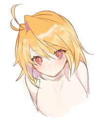 Rule 34 | 1girl, antenna hair, arcueid brunestud, blonde hair, breasts, closed mouth, commentary, cropped torso, hair intakes, highres, kuromonoka, large breasts, looking at viewer, red eyes, short hair, simple background, solo, symbol-only commentary, tsukihime, white background