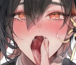 Rule 34 | 1boy, black hair, blood, blush, ear piercing, fangs, hair between eyes, heart, heart-shaped pupils, ihatedraw, index finger raised, looking at viewer, male focus, multicolored hair, nose blush, nu carnival, orange eyes, orange hair, piercing, portrait, simple background, solo focus, symbol-shaped pupils, tears, tongue, tongue out, white background, yakumo (nu carnival)
