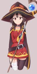 Rule 34 | 10s, 1girl, :&lt;, absurdres, bandages, belt, black hair, black thighhighs, cape, collar, cropped legs, dress, fingerless gloves, frown, gloves, hat, highres, kono subarashii sekai ni shukufuku wo!, looking at viewer, megumin, red dress, red eyes, short hair, single thighhigh, solo, staff, takahan, thighhighs, witch hat