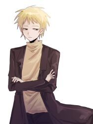 Rule 34 | 1boy, :|, atou haruki, black coat, black eyes, black pants, blonde hair, chinese commentary, closed mouth, coat, commentary request, cowboy shot, crossed arms, highres, long sleeves, male focus, open clothes, open coat, pants, saibou shinkyoku, short hair, simple background, solo, sweater, turtleneck, turtleneck sweater, white background, yang wei, yellow sweater