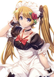 Rule 34 | 1girl, adjusting hair, apron, black choker, black dress, black scrunchie, black shirt, blonde hair, blouse, blue gemstone, bow, choker, closed mouth, collarbone, dress, elf, female focus, floating hair, flower, frilled dress, frilled sleeves, frills, gem, grey eyes, hair between eyes, hair flower, hair ornament, hair scrunchie, hand up, highres, hoshi ichi, jewelry, long hair, looking at viewer, maid, maid headdress, neck, necklace, original, pointy ears, puffy short sleeves, puffy sleeves, red flower, red neckwear, red rose, rose, scrunchie, shirt, short sleeves, simple background, smile, solo, swept bangs, twintails, very long hair, waist apron, white apron, white background, white bow, wristband