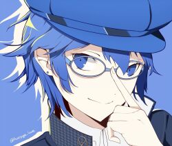 Rule 34 | 1girl, adjusting eyewear, blue-framed eyewear, blue background, blue eyes, blue hair, blue hat, blue theme, cabbie hat, closed mouth, commentary, detective, dot nose, glasses, hat, horage love, houndstooth, persona, persona 4, reverse trap, shirogane naoto, short hair, silhouette, simple background, smile, solo, symbol-only commentary, tomboy, tsurime, twitter username, upper body