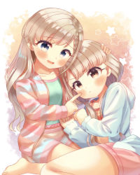 Rule 34 | 2girls, absurdres, blue jacket, blush, braid, braided bangs, breasts, brown eyes, cheek poking, commentary request, green shirt, grey hair, hair over shoulder, hand on another&#039;s head, highres, hisakawa hayate, hisakawa nagi, hood, hood down, hooded jacket, idolmaster, idolmaster cinderella girls, jacket, long hair, long sleeves, loungewear, low twintails, multiple girls, open clothes, open jacket, pink shorts, poking, shirt, short shorts, shorts, siblings, sisters, small breasts, star (symbol), starry background, striped clothes, striped jacket, striped shorts, twins, twintails, very long hair, yata (yatao zzz)