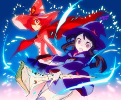 Rule 34 | 10s, 2girls, brown hair, cape, dated, dress, fireworks, hat, kagari atsuko, little witch academia, looking at viewer, multiple girls, open mouth, pink eyes, red eyes, red hair, shiny chariot, signature, smile, staff, witch, witch hat, yoisho (hami)