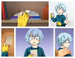 Rule 34 | 2boys, aged down, boku no hero academia, book, cable, child, comic, gloves, green shirt, grey hair, hand on another&#039;s shoulder, highres, holding, holding cable, long sleeves, male focus, multiple boys, photo (object), red eyes, shigaraki tomura, shirt, short hair, trevo (trevoshere), yellow gloves