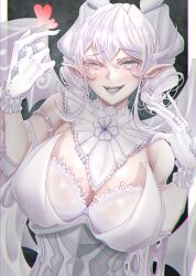 Rule 34 | 1girl, absurdres, breasts, detached collar, earrings, female focus, gloves, grey eyes, haijiru 0616, highres, jewelry, large breasts, lovely labrynth of the silver castle, low wings, medium hair, pointy ears, slit pupils, tagme, transparent wings, white hair, wings, yu-gi-oh!