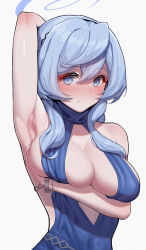 Rule 34 | 1girl, ako (dress) (blue archive), armpits, bare shoulders, blue archive, blue dress, blue eyes, blue hair, blue halo, blush, breasts, dress, hair between eyes, halo, highres, large breasts, long hair, looking at viewer, manzai sugar, official alternate costume, presenting armpit, sideboob, simple background, sleeveless, sleeveless dress, solo, upper body, white background