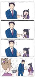 Rule 34 | 1boy, 2girls, 4koma, ace attorney, black hair, blue jacket, blunt bangs, blush, brown hair, closed eyes, closed mouth, collared shirt, comic, flying sweatdrops, formal, hair ornament, half updo, hanten (clothes), heart hands failure, highres, jacket, japanese clothes, jewelry, kimono, long hair, long sleeves, magatama, maya fey, multiple girls, necklace, necktie, obi, open mouth, parted bangs, pearl fey, phoenix wright, pink sash, purple jacket, sash, shirt, short hair, short kimono, sidelocks, silent comic, simple background, smile, spiked hair, suibun (mizuha oishiina), suit, taking picture, upper body, white background, white shirt