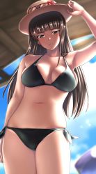 Rule 34 | 1girl, adjusting clothes, adjusting headwear, bikini, black bikini, black eyes, black hair, blue sky, blunt bangs, blurry, blurry background, boater hat, breasts, brown headwear, closed mouth, commentary request, cowboy shot, day, depth of field, eyewear on headwear, flower, frown, girls und panzer, girls und panzer senshadou daisakusen!, glaring, groin, halterneck, hibiscus, highres, kobamiso (kobalt), large breasts, long hair, looking at viewer, navel, nishizumi shiho, outdoors, partial commentary, side-tie bikini bottom, skindentation, sky, solo, standing, straight hair, swimsuit