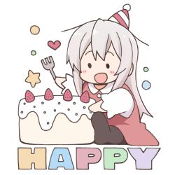 Rule 34 | 1girl, :d, black pantyhose, blush stickers, cake, chibi, collared dress, commentary request, diagonal stripes, dress, eyebrows hidden by hair, food, fork, genderswap, genderswap (mtf), grey hair, hat, heart, holding, holding fork, long hair, long sleeves, nekotoufu, no shoes, onii-chan wa oshimai!, open mouth, oyama mahiro, pantyhose, party hat, red dress, shirt, sitting, sleeveless, sleeveless dress, smile, soles, solid circle eyes, solo, star (symbol), striped, very long hair, white background, white shirt
