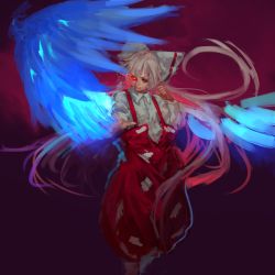 Rule 34 | 1girl, bow, closed mouth, flaming eye, fujiwara no mokou, glowing, glowing eye, hair bow, hand up, inishie kumo, light smile, long hair, looking at viewer, outstretched arm, pants, pink hair, puffy pants, red pants, shirt, solo, standing, suspenders, touhou, white bow, white shirt, wings