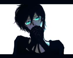 Rule 34 | 1boy, bad id, bad pixiv id, blue theme, chierika, glasses, hiyama kiyoteru, letterboxed, lowres, male focus, monochrome, simple background, solo, spot color, vocaloid