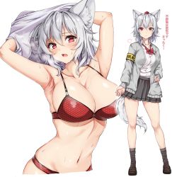 Rule 34 | 1girl, absurdres, alternate costume, amagi (amagi626), animal ear fluff, animal ears, armpits, bare shoulders, bow, bowtie, bra, breasts, brown footwear, cardigan, cleavage, collarbone, contrapposto, fang, grey legwear, grey skirt, hat, highres, inubashiri momiji, large breasts, looking at viewer, miniskirt, multiple views, navel, panties, pleated skirt, red bra, red eyes, red headwear, red neckwear, red panties, school uniform, shoes, silver hair, simple background, skindentation, skirt, socks, standing, stomach, sweat, tail, tokin hat, touhou, translation request, underboob, underwear, white background, wolf ears, wolf girl, wolf tail
