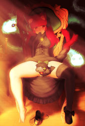 Rule 34 | 1girl, animal ears, asymmetrical legwear, barefoot, bird, black bow, black dress, black footwear, black thighhighs, blush, bow, buttons, cat ears, cat tail, chair, chibi, closed mouth, commentary request, covered erect nipples, dress, footwear bow, full body, ghost, glowing, gluteal fold, hair bow, highres, indoors, intertwined tails, kaenbyou rin, long hair, long sleeves, mary janes, moomin, moomintroll, mouth hold, multiple tails, nekomata, panties, red eyes, red hair, reiuji utsuho, reiuji utsuho (bird), unworn shoe, shoes, unworn shoes, sitting, smile, spread legs, tail, thighhighs, unworn thighhighs, toes, touhou, twintails, underwear, uneven legwear, white panties, wooden chair, wooden floor, yonaki
