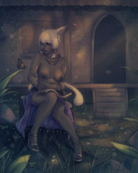 Rule 34 | 10s, 1girl, animal ears, blonde hair, book, breasts, bug, butterfly, cat ears, cat tail, dark-skinned female, dark skin, feet, final fantasy, final fantasy xiv, glasses, high heels, insect, large areolae, large breasts, miqo&#039;te, navel, nipples, poro poro, sandals, shoes, sitting, solo, soranamae, stump, tail, toeless footwear, toes, topless, tree stump