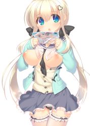 Rule 34 | 1girl, black bow, black panties, blonde hair, blue eyes, blush, bow, breasts, breasts out, buttons, cowboy shot, gluteal fold, hair bow, hair ornament, head tilt, highres, holding, jacket, large breasts, long hair, long sleeves, looking at viewer, melonbooks, mutsuno hekisa, necktie, nipples, no bra, open clothes, open mouth, original, panties, pantyshot, sidelocks, solo, standing, star (symbol), thigh gap, thighhighs, underwear, white background, white thighhighs, zettai ryouiki