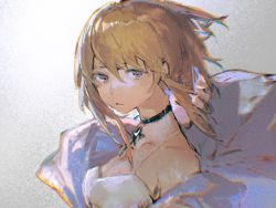 Rule 34 | 1girl, black choker, blonde hair, choker, chromatic aberration, closed mouth, commentary request, dress, expressionless, grey background, highres, lobelia (saclia), looking at viewer, noise, original, purple eyes, short hair, sleeveless, sleeveless dress, solo, upper body, white dress