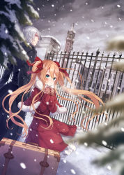 Rule 34 | 1boy, 1girl, blurry, bow, brown hair, building, coat, depth of field, double-breasted, green eyes, hair bow, hair ribbon, height difference, long hair, looking at viewer, mansion, mittens, original, ribbon, grey eyes, silver hair, smile, snowing, tamaki iori, twintails