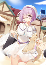 Rule 34 | 1boy, 1girl, alternate costume, bag, bare shoulders, black-framed eyewear, blue sky, blurry, blurry background, blush, breasts, building, closed mouth, cloud, collarbone, commentary request, dating, day, depth of field, dress, earrings, fate/grand order, fate (series), fingernails, fou (fate), glasses, hair over one eye, highres, holding, holding bag, holding hands, jewelry, long sleeves, mash kyrielight, maya g, medium breasts, off-shoulder dress, off shoulder, outdoors, paper bag, pendant, pleated dress, pom pom (clothes), pom pom earrings, purple eyes, purple hair, ring, see-through, semi-rimless eyewear, shopping bag, sky, smile, solo focus, under-rim eyewear, white dress