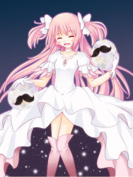 Rule 34 | 10s, 1girl, anthony (madoka magica), blush stickers, boots, dress, kaname madoka, long hair, mahou shoujo madoka magica, mahou shoujo madoka magica (anime), oniko-chan, pink footwear, pink hair, solo, spoilers, thigh boots, thighhighs, twintails, two side up, ultimate madoka, white dress