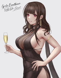 Rule 34 | 1girl, alcohol, armlet, bare shoulders, black dress, blunt bangs, blush, breasts, brown hair, champagne, champagne flute, character name, cleavage, commentary request, copyright name, cowboy shot, cup, dress, drinking glass, dsr-50 (girls&#039; frontline), dsr-50 (highest bid) (girls&#039; frontline), earrings, evening gown, girls&#039; frontline, hand on own hip, highres, holding, holding cup, jewelry, large breasts, long hair, looking at viewer, official alternate costume, parted lips, red eyes, ring, selcky, signature, simple background, sleeveless, sleeveless dress, smile, solo, white background