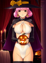 Rule 34 | 1girl, black gloves, black thighhighs, blush, bob cut, breasts, brown eyes, cameltoe, candle, cape, capelet, cleavage, cleavage cutout, clothing cutout, dragon@harry, earrings, elbow gloves, fingerless gloves, gloves, groin, halloween, hat, highres, jack-o&#039;-lantern, jack-o&#039;-lantern earrings, jewelry, large breasts, looking at viewer, original, pink hair, pumpkin, red eyes, shiny skin, short hair, solo, thighhighs, witch, witch hat