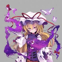 Rule 34 | 1girl, animated, arm garter, arm up, blonde hair, blush, breasts, bug, butterfly, flame print, frilled sleeves, frills, gap (touhou), gloves, grey background, hair ribbon, hat, insect, large breasts, long hair, long sleeves, looking at viewer, looping animation, mob cap, red eyes, red ribbon, ribbon, shen li, smile, solo, standing, tabard, touhou, tress ribbon, upper body, video, white gloves, wide sleeves, yakumo yukari, yellow eyes
