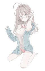 Rule 34 | 1girl, ahoge, azuki (ckxs7444), bare shoulders, blue eyes, breasts, brown eyes, brown hair, buruma, closed mouth, collarbone, full body, glasses, gym uniform, hair intakes, hand in own hair, highres, jacket, large breasts, lips, long hair, long sleeves, looking at viewer, original, round eyewear, seiza, simple background, sitting, sleeves past wrists, solo, track jacket, track suit, white background