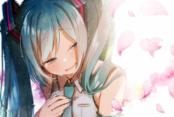 Rule 34 | 1girl, aqua eyes, aqua hair, aqua nails, aqua necktie, backlighting, bare shoulders, cherry blossoms, collared shirt, crying, crying with eyes open, detached sleeves, falling petals, glitch, grey shirt, hair ornament, half-closed eyes, hand on own chest, happy tears, hatsune miku, headphones, highres, light blush, long hair, looking to the side, nail polish, necktie, nuko 0108, parted lips, petals, shirt, shoulder tattoo, sleeveless, sleeveless shirt, smile, smudge, solo, tattoo, tears, twintails, upper body, vocaloid, white background