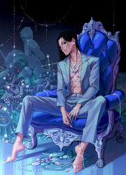Rule 34 | 1boy, abs, absurdres, anklet, armchair, barefoot, bead bracelet, bead necklace, beads, black hair, blue jacket, blue pants, blue theme, bracelet, chair, closed mouth, cross, earrings, feet, frown, full body, gem, glass, glass slipper, glint, hair behind ear, hair over one eye, head tilt, highres, hunter x hunter, illumi zoldyck, jacket, jewelry, unworn jewelry, kuhuo, lapels, long hair, long sleeves, looking at viewer, male focus, multiple rings, nail polish, navel piercing, necklace, unworn necklace, own hands together, pants, pearl earrings, pectoral cleavage, pectorals, piercing, ring, shoes, single shoe, sitting, skull, solo, spread legs, statue, straight hair, toe ring, toenail polish, toenails, toes, toned, toned male, transparent, treasure
