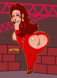 Rule 34 | ass, blue eyes, breasts, brown hair, cleft of venus, donkey kong (1981 game), donkey kong (series), earrings, erozer, high heels, highres, huge ass, jewelry, large breasts, lipstick, looking at viewer, looking back, makeup, mario (series), nintendo, pauline (mario), pussy, red lips, thick thighs, thighs, uncensored