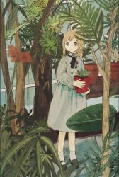 Rule 34 | 1girl, black footwear, black ribbon, blonde hair, chisato charme, closed mouth, dress, flower, flower pot, full body, greenhouse, grey dress, grey eyes, highres, holding, holding flower pot, indoors, leaf, long hair, long sleeves, looking at flowers, mary janes, neck ribbon, original, plant, potted plant, red flower, revision, ribbon, shelf, shoes, sidelocks, socks, solo, standing, tree, white socks