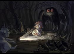 Rule 34 | bird, commentary, fleeing, forest, hat, koto inari, letterboxed, mothman, mystia lorelei, nature, night, red eyes, screaming, short hair, stick, touhou, tree, wings
