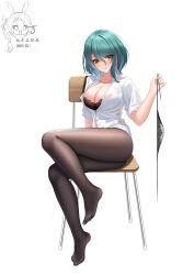 Rule 34 | absurdres, black bra, black pantyhose, blush, bra, breasts, cleavage, closed mouth, dead or alive, feet, grey hair, highres, holding, holding clothes, holding underwear, large breasts, legs, looking at viewer, medium hair, nanqizizhou, no shoes, open clothes, open shirt, pantyhose, shirt, sitting, smile, tamaki (doa), underwear, white shirt, yellow eyes
