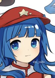 Rule 34 | 1girl, bare shoulders, blue eyes, blue hair, blunt bangs, bow, bowtie, cabbie hat, closed mouth, flat cap, happy, hat, hat ornament, highres, label girl (dipp), looking at viewer, mandarin collar, red bow, red bowtie, red hat, smile, solo, star (symbol), star hat ornament, touhou, vest, white vest, yadoyuki