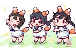Rule 34 | 3girls, animal ears, artist logo, beamed eighth notes, beamed sixteenth notes, black hair, blue sailor collar, bob cut, closed eyes, commentary request, daitou (kancolle), dancing, dated, dress, eighth note, fox ears, fox tail, full body, hiburi (kancolle), kantai collection, kitsune dance, kutone shirika, low ponytail, multiple girls, musical note, quarter note, sailor collar, sailor dress, short hair, shounan (kancolle), tail, twintails, white background, white dress