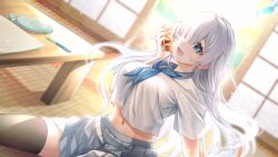 Rule 34 | 1girl, :d, amatsuji, arm support, black hair, blue skirt, blurry, blurry background, breasts, commentary request, cup, dutch angle, grey eyes, grey hair, hair over one eye, highres, holding, holding cup, ice, ice cube, indoors, looking at viewer, mechanical pencil, medium breasts, midriff peek, navel, notebook, open mouth, original, pencil, pencil case, pleated skirt, school uniform, serafuku, shirt, short sleeves, shouji, sitting, skirt, sliding doors, smile, solo, table, tatami, thighhighs, uniform, white serafuku, white shirt