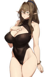 Rule 34 | 1girl, :s, black scrunchie, blush, bracelet, breasts, brown hair, brown haired glasses elf (houtengeki), cleavage, cleavage cutout, clothing cutout, collarbone, covered collarbone, covered erect nipples, covered navel, cowboy shot, crossed bangs, elf, glasses, green eyes, groin, hair between eyes, hair ornament, hair scrunchie, hand on own chest, high ponytail, highleg, highleg leotard, highres, houtengeki, huge breasts, jewelry, leotard, long hair, looking at viewer, mature female, original, pointy ears, ponytail, scrunchie, sidelocks, sleeveless, solo, sweat, thighs, turtleneck
