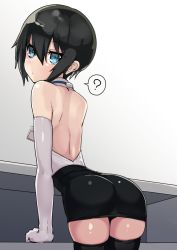 Rule 34 | 1girl, ?, ass, backless dress, backless outfit, bare back, black hair, blue eyes, desk, dress, elbow gloves, from behind, gloves, kino (kino no tabi), kino no tabi, leaning forward, looking at viewer, looking back, ninopal, simple background, skindentation, thighhighs, tomboy