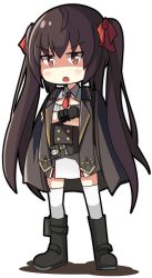 Rule 34 | 1girl, ac130, blush, boots, brown eyes, brown hair, crossed arms, full body, girls&#039; frontline, gloves, hair ribbon, highres, jacket, jacket on shoulders, matching hair/eyes, necktie, red ribbon, ribbon, shaded face, skirt, solo, thighhighs, twintwails, type 97 (girls&#039; frontline)