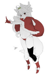 Rule 34 | 1girl, animal ears, antlers, black thighhighs, blush, boots, candy, candy cane, capelet, carrying bag, carrying over shoulder, chinese commentary, christmas, closed mouth, commentary request, ejami, ekko (ejami), food, fox ears, fox girl, fox tail, fur-trimmed boots, fur-trimmed capelet, fur-trimmed gloves, fur trim, gloves, grey background, hair between eyes, hair ornament, headband, highres, holding, hood, hood down, horns, knee boots, long hair, looking at viewer, mole, mole on thigh, navel, original, panties, pointing, pom pom (clothes), red capelet, red eyes, red footwear, red gloves, red panties, reindeer antlers, sack, santa boots, santa gloves, signature, simple background, single thighhigh, smile, string panties, tail, thighhighs, underwear, white background
